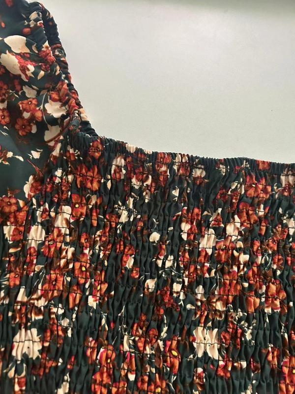 Women's Ditsy Floral Print Frill Trim Shirred A Line Dress, Elegant Bishop Sleeve Square Neck Long Dress for Fall, Fall Outfits, Birthday Dresses 2024, Women's Clothing for Daily Wear