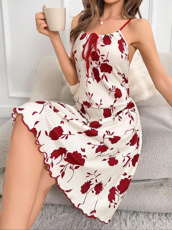 Women's All Over Floral Print Lettuce Trim Cami Nightdress, Casual Soft Comfortable Spaghetti Strap Tie Front Nightgown for All Seasons, Fashion Ladies' Sleepwear for Daily Wear