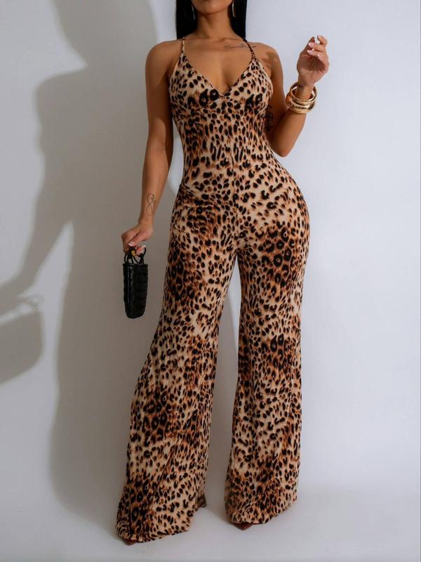 Women's Leopard Print Criss Cross Tie Backless Cami Jumpsuit, Fashion Deep V Neck Spaghetti Strap Flare Leg Jumpsuit for Holiday Party Club, Ladies Summer Clothes