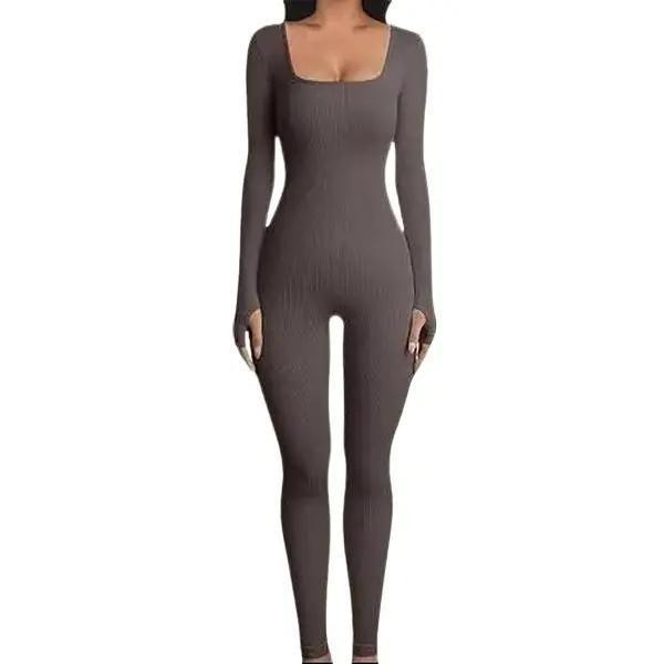 Women's Polyester Jumpsuit with Square Collar and Long Sleeves for Yoga and Fitness  - Fashion Womenswear, Shapewear snatch waist