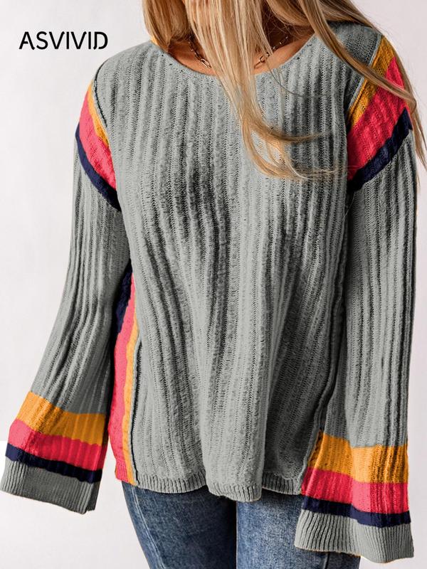  Colorblock Striped Print Drop Shoulder Sweater, Casual Long Sleeve Round Neck Jumper for Fall & Winter, Women's Plus Clothing for Daily Wear