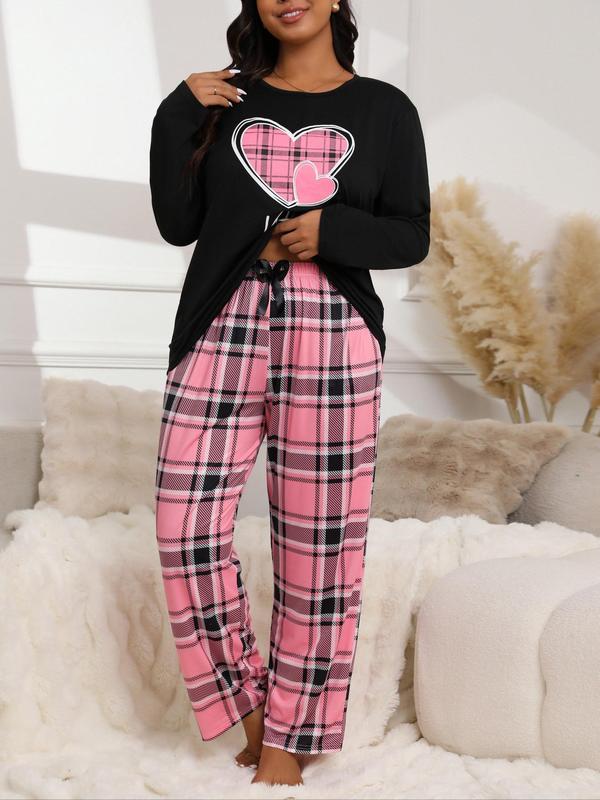  Two-piece Set Long Sleeve Heart Print Tee & Plaid Print Bow Decor Pants Pyjama, Casual Comfy Round Neck Top & Trousers Pj Set, Women's Sleepwear for Spring & Fall