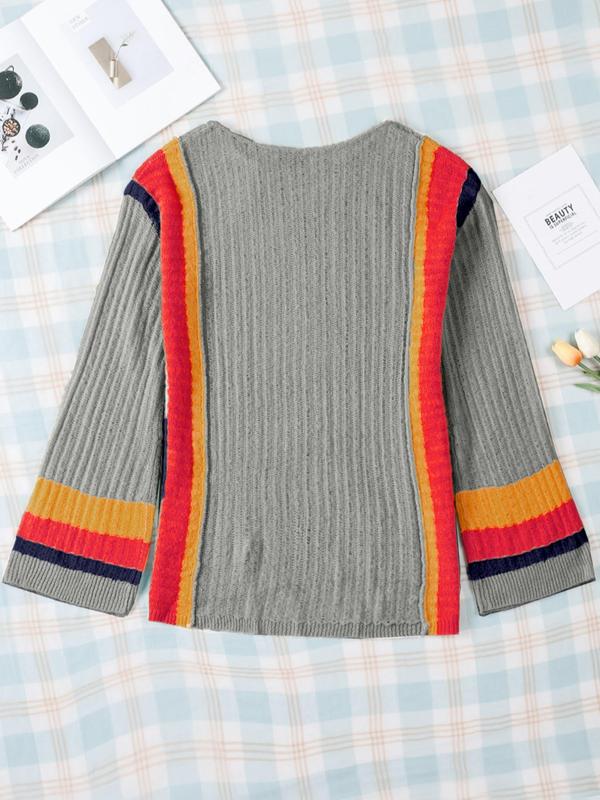  Colorblock Striped Print Drop Shoulder Sweater, Casual Long Sleeve Round Neck Jumper for Fall & Winter, Women's Plus Clothing for Daily Wear