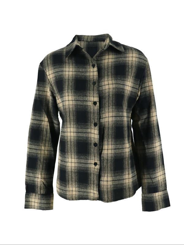 Women's Plaid Print Button Front Drop Shoulder Shirt, Casual Long Sleeve Collared Top for Fall & Winter, Women's Clothes for Daily Wear