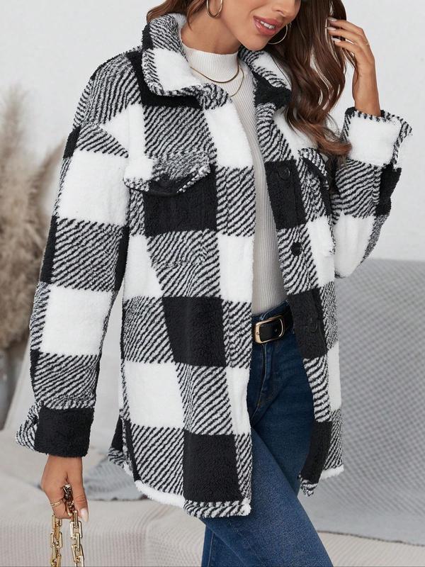 Women's Plaid Print Button Front Drop Shoulder Fuzzy Coat, Casual Long Sleeve Collared Flap Pocket Outerwear for Fall & Winter, Ladies Clothes for Daily Wear