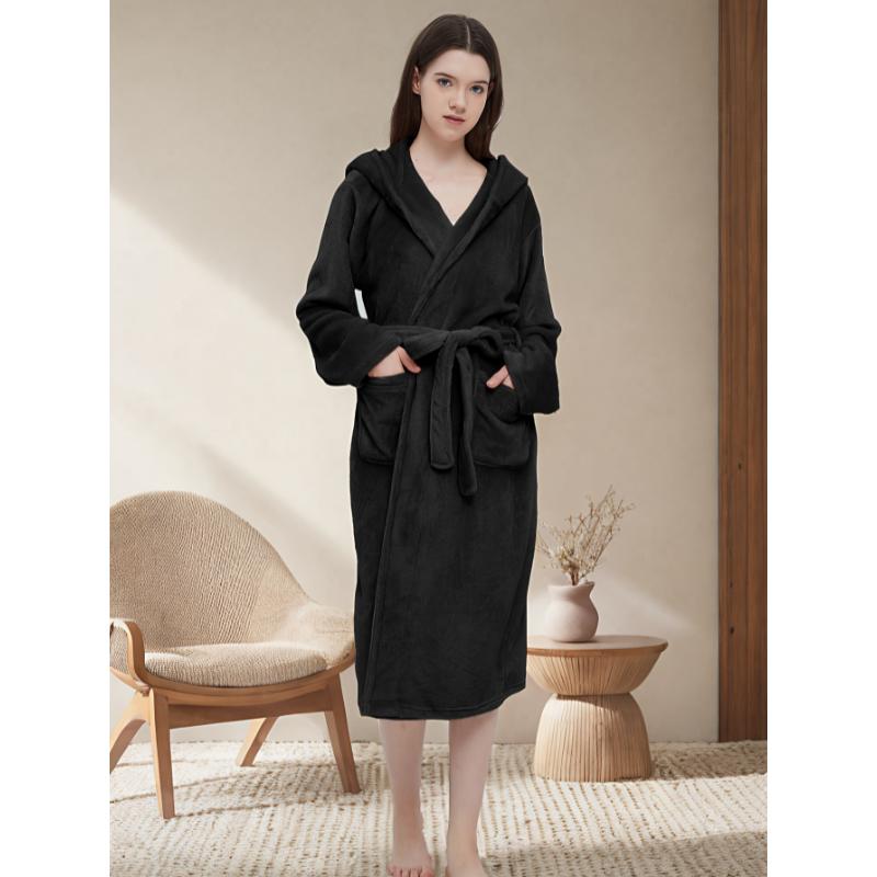 Long Sleeve Solid Fuzzy Hooded Robe With Belt, Women's Sleepwear Night Robe Women's Fabric Womenswear