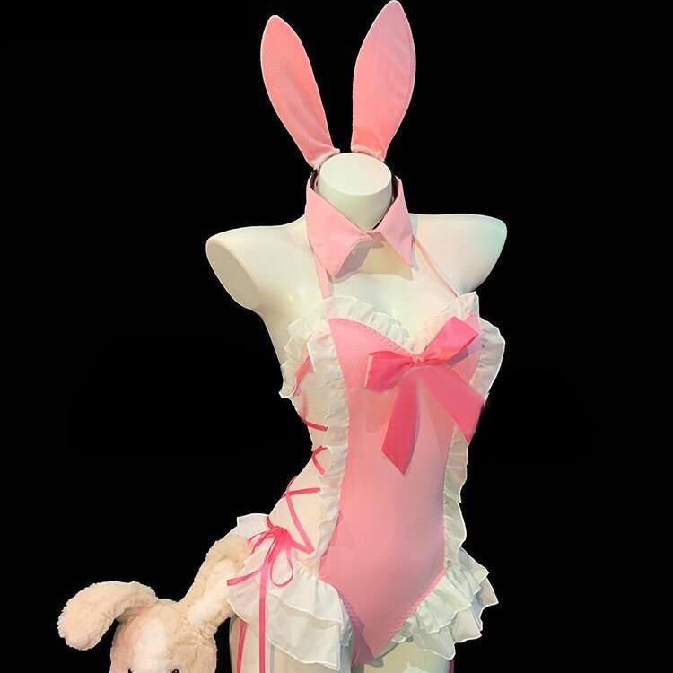 GBELLA Pink Bunny Cosplay Lingerie Set – Cute Halter Bodysuit with Bow and Ruffle Details, Perfect for Role Play and Costume Parties Womenswear Women Comfort Halter Neck