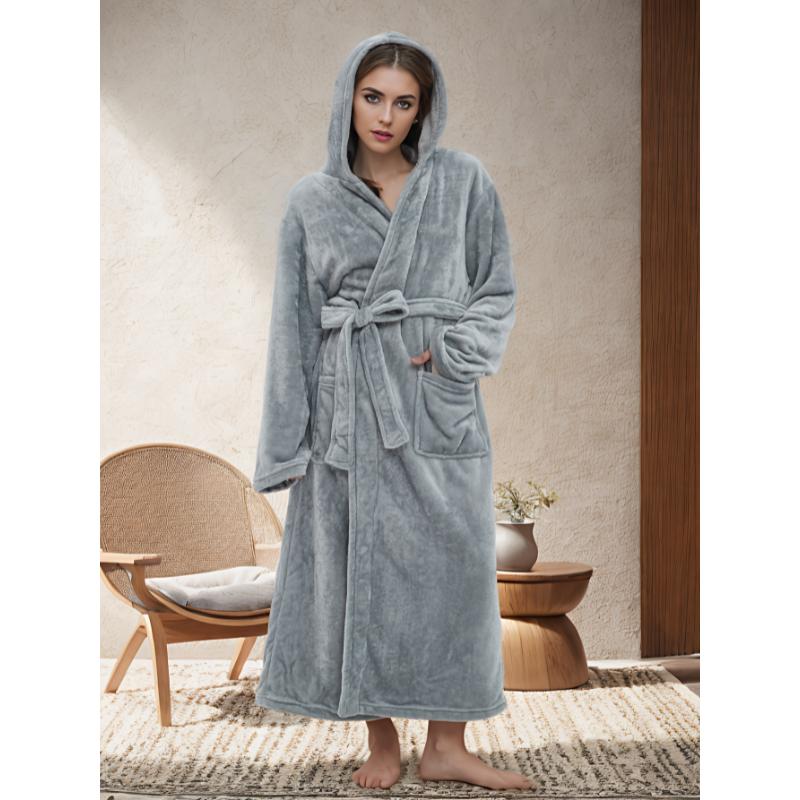 Long Sleeve Solid Fuzzy Hooded Robe With Belt, Women's Sleepwear Night Robe Women's Fabric Womenswear