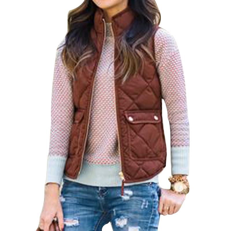 Women Warm Vest Solid Color Stand Collar Warm Padded Zipper Up Side Pockets Gilet Quilted Puffer Wild Vest