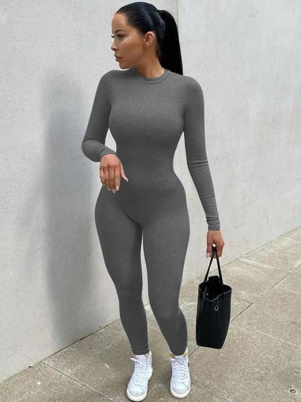 Women's Solid Textured Round Neck Bodycon Jumpsuit, Crew Neck Long Sleeve Tight One Piece Playsuit Jumpsuit, Fashion Ladies' New Autumn Clothes