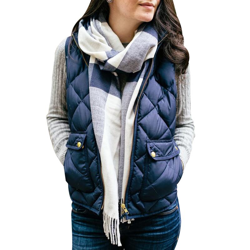 Women Warm Vest Solid Color Stand Collar Warm Padded Zipper Up Side Pockets Gilet Quilted Puffer Wild Vest