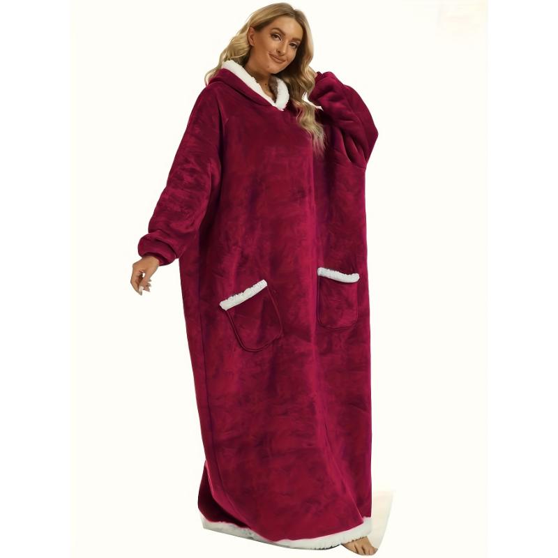 Plus Size Casual Loungewear Robe, Women's Plus Long Sleeve Hooded Flannel Cozy Wearable Blanket With Pockets