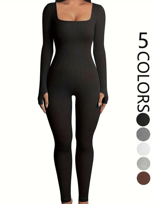 Women's Solid Ribbed Long Sleeve Shapewear Jumpsuit, Casual Comfy Square Neck Tummy Control Shapewear Jumpsuit for Daily Wear, Ladies Sleepwear for All Seasons, Fall Wear, Fallfreshness