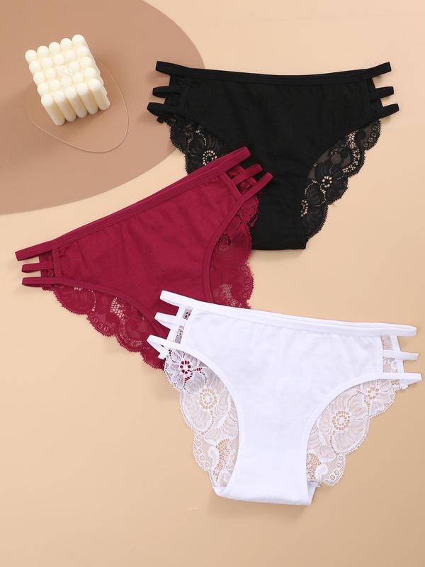 Women's 3pcs Plain Contrast Lace Cut Out Knicker, Soft Comfy Breathable Panty for Daily Wear, Underwear for All Seasons