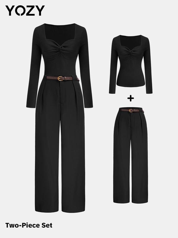 YOZY Women's Solid Twist Front Ruched Top & Belted Straight Leg Pants Set, Elegant Sweetheart Neck Long Sleeve Top & Pocket Design Pants Set, Women's Clothing for Fall & Winter