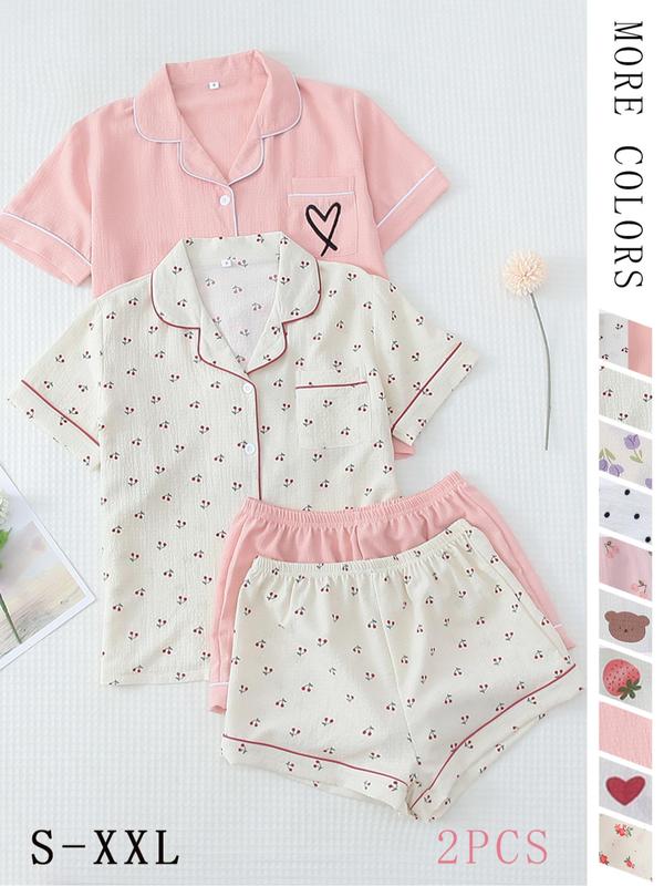 Women's Summer Cherry Print Button Shortsleeve Blouse & Elastic Waist Shorts Breathable Pajama Cute Nightwear Set, Back To School Wear, Summer Clothes Women, Casual Lapel Pocket Top & Shorts PJ Set for Homewear, Plz Purchase A Size Up, 90s Clothes