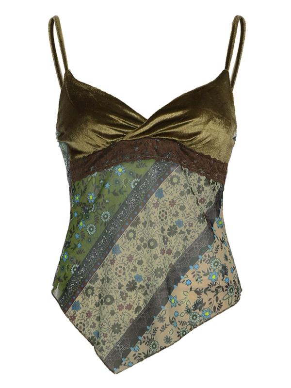 Women's Floral Patchwork Contrast Lace Tulle Cami Top, Boho 2000s Y2K Asymmetrical Hem Tie Back Top for Summer, Ladies Clothes for Beach Holiday Vacation