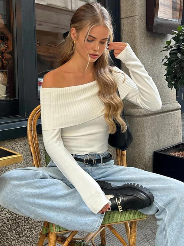 Women's Plain Fold Over Off Shoulder Crop Knit Top, Casual Flounce Sleeve Knitwear for Daily Outdoor Wear, Ladies Clothes for Fall & Winter, Fall Outfits, Fallfreshness