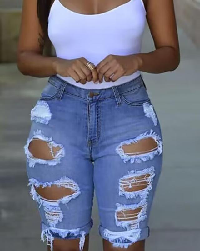 Chicme Ripped Pocket Design Denim Shorts Fit Jean Womenswear Blouses