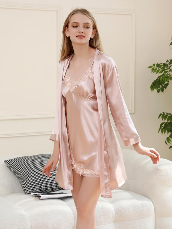 Women'S Satin Sleep Robe, Elegant V-Neck, Solid Color, Belted, Batwing Sleeves, Short Length, Comfortable Home Wear, Adult Size, Woven Fabric