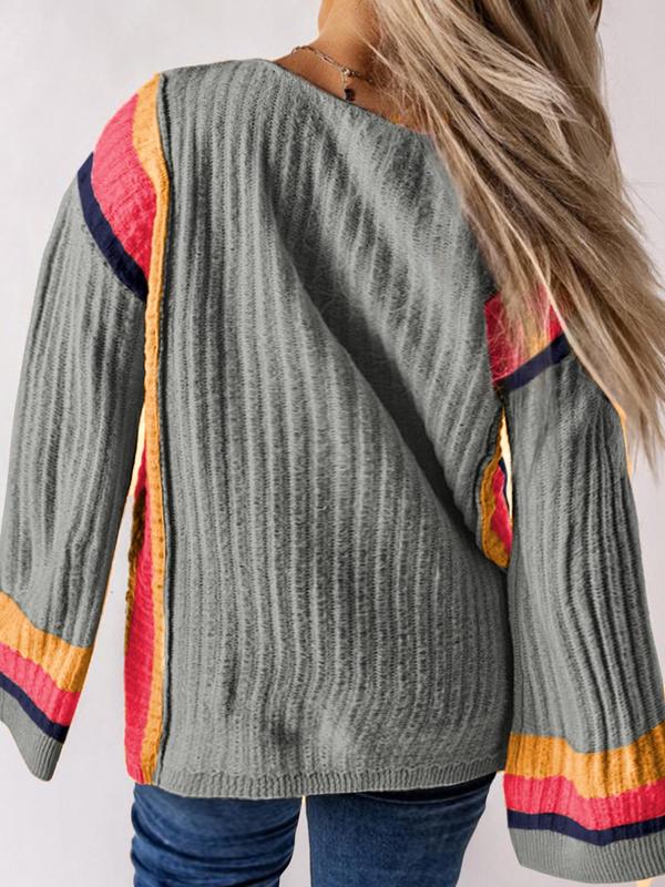  Colorblock Striped Print Drop Shoulder Sweater, Casual Long Sleeve Round Neck Jumper for Fall & Winter, Women's Plus Clothing for Daily Wear