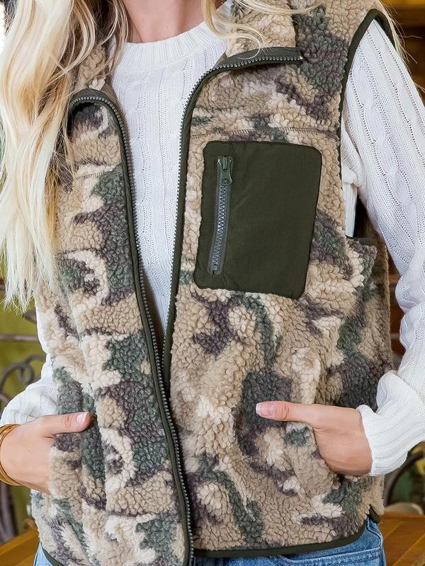 CAMOUFLAGE FAUX SHEARLING ZIP UP VEST - Soft Furry Polyester Comfortable fleece jacket