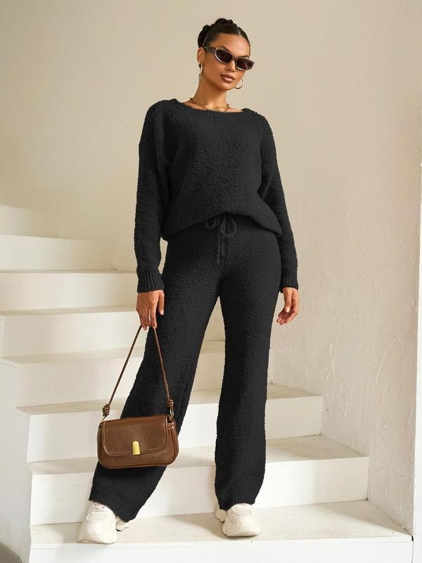 Two-Piece Set Women's Plain Drop Shoulder Knit Top & Tie Front Knitting Pants, Casual Fashion Cozy Round Neck Long Sleeve Top & Trousers for Daily Outdoor Wear, Women's Clothing for Fall & Winter