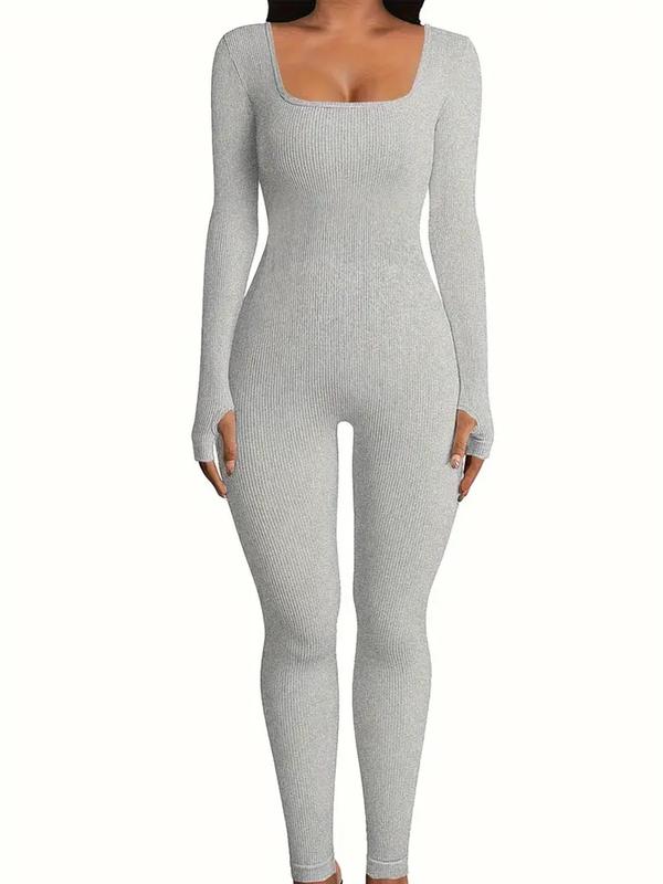 Women's Solid Ribbed Long Sleeve Shapewear Jumpsuit, Casual Comfy Square Neck Tummy Control Shapewear Jumpsuit for Daily Wear, Ladies Sleepwear for All Seasons, Fall Wear, Fallfreshness