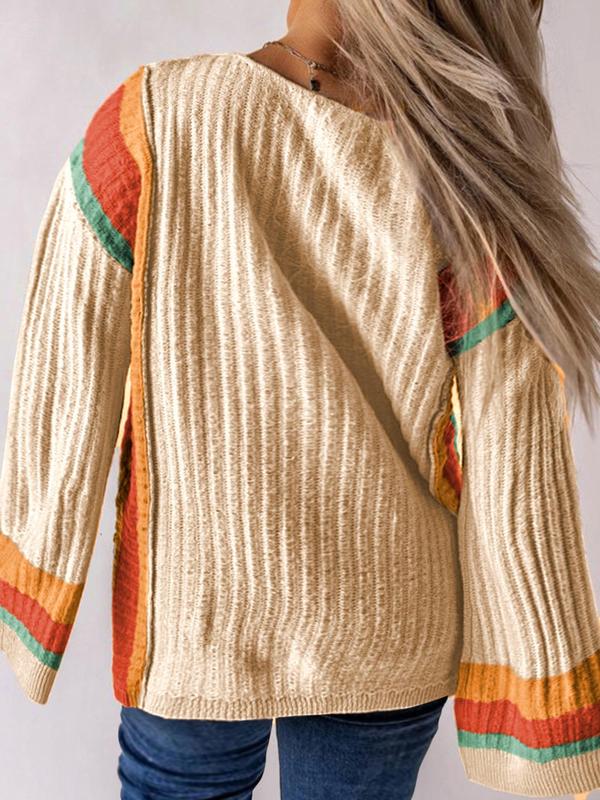  Colorblock Striped Print Drop Shoulder Sweater, Casual Long Sleeve Round Neck Jumper for Fall & Winter, Women's Plus Clothing for Daily Wear