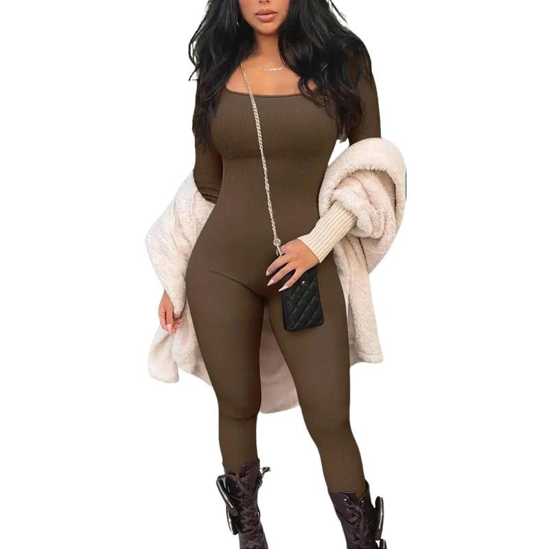 Women's Polyester Jumpsuit with Square Collar and Long Sleeves for Yoga and Fitness  - Fashion Womenswear, Shapewear snatch waist