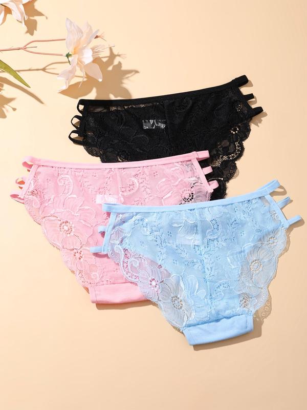 Women's 3pcs Plain Contrast Lace Cut Out Knicker, Soft Comfy Breathable Panty for Daily Wear, Underwear for All Seasons