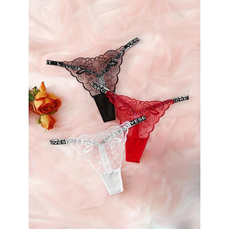 3pcs Floral Lace Mesh Thongs, Sheer Floral Lace Women's Lingerie & Intimates Panties