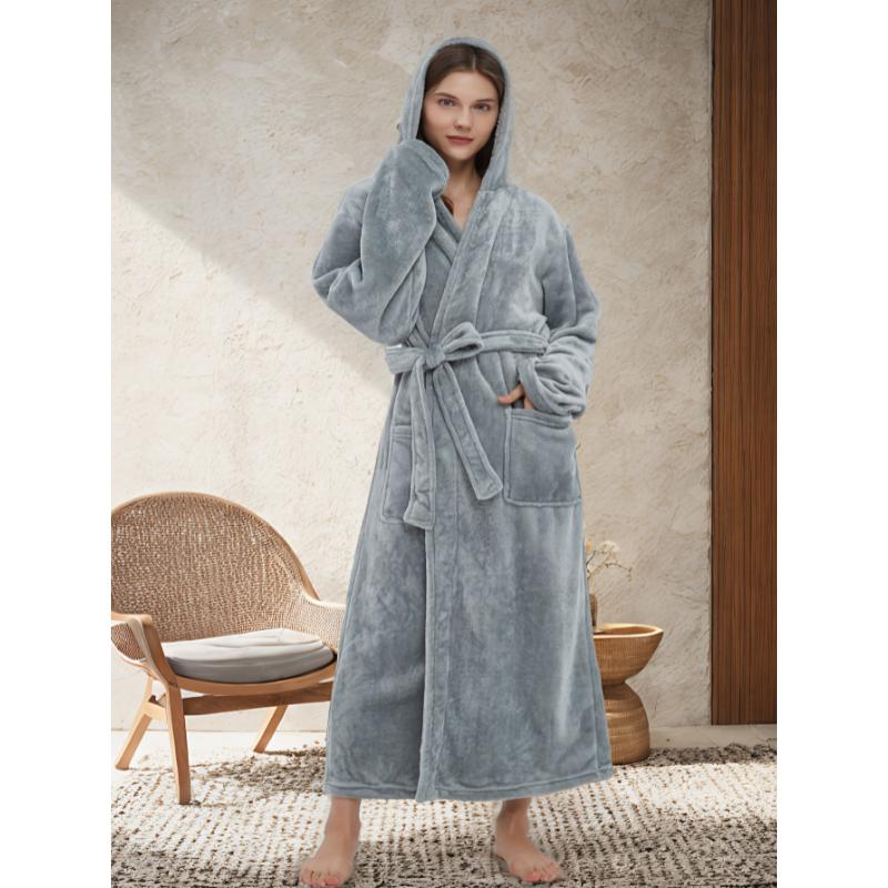 Long Sleeve Solid Fuzzy Hooded Robe With Belt, Women's Sleepwear Night Robe Women's Fabric Womenswear