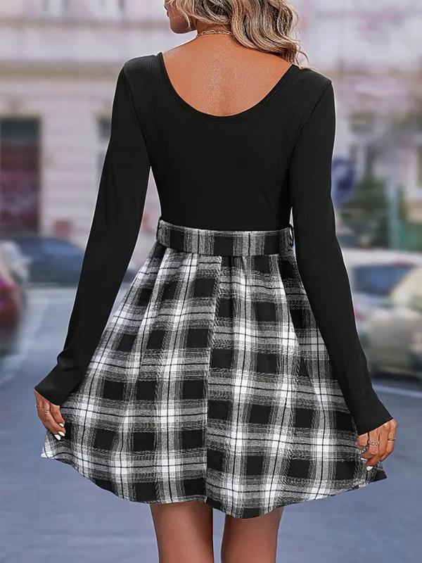 Women's Patchwork Plaid Print Belted A Line Dress, Casual Long Sleeve Scoop Neck Short Dress for Fall & Winter, Homecoming Dresses, Women's Clothing for Daily Wear