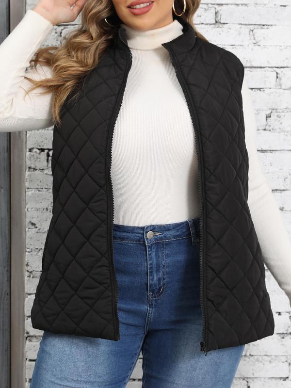  Solid Color Quilted Zip Up Pocket Vest Jacket, Casual Stand Collar Sleeveless Outerwear for Fall & Winter, Women's Clothes for Daily Wear