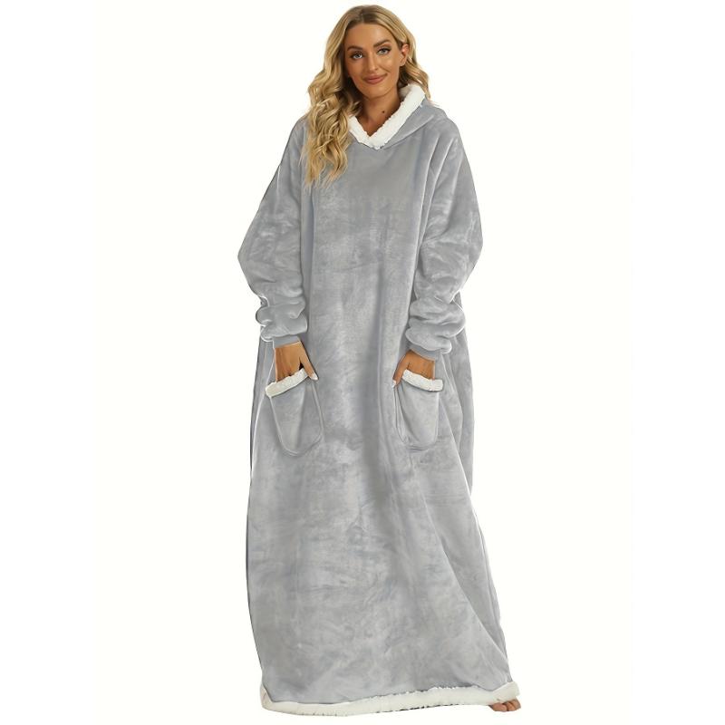 Plus Size Casual Loungewear Robe, Women's Plus Long Sleeve Hooded Flannel Cozy Wearable Blanket With Pockets