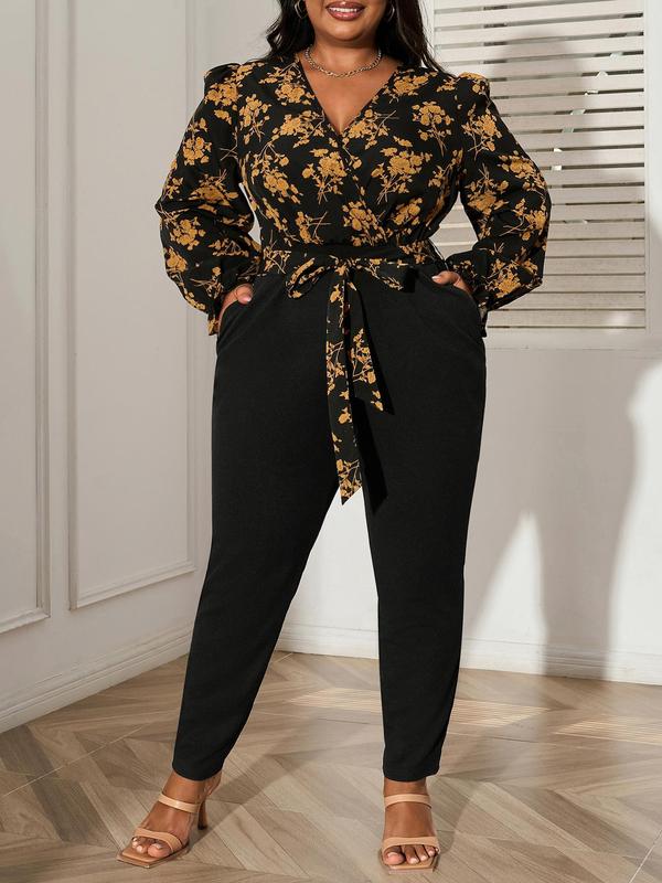 CURVZY Plus Size Floral Patchwork Print Pocket Belted Wrap Jumpsuit, Casual Long Sleeve V Neck Jumpsuit for Fall, Women's Clothes for Daily Wear,Thanksgiving Outfit,Black Friday Haul,Black Out Wednesday Outfits