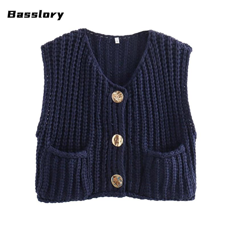 Women Sweater Tank Tops Solid Color Button Front V-Neck Knit Vest Sleeveless Knitwear Cardigan for Streetwear Spring Womenswear