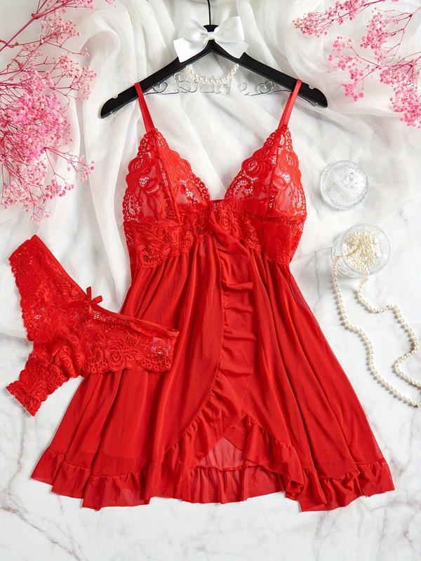 Women's Contrast Lace Bow Decor Cami Nightdress & Panty Two-piece Set, Split Hem Ruffle Trim Nightgown & Panty, Women's Sleepwear for All Seasons