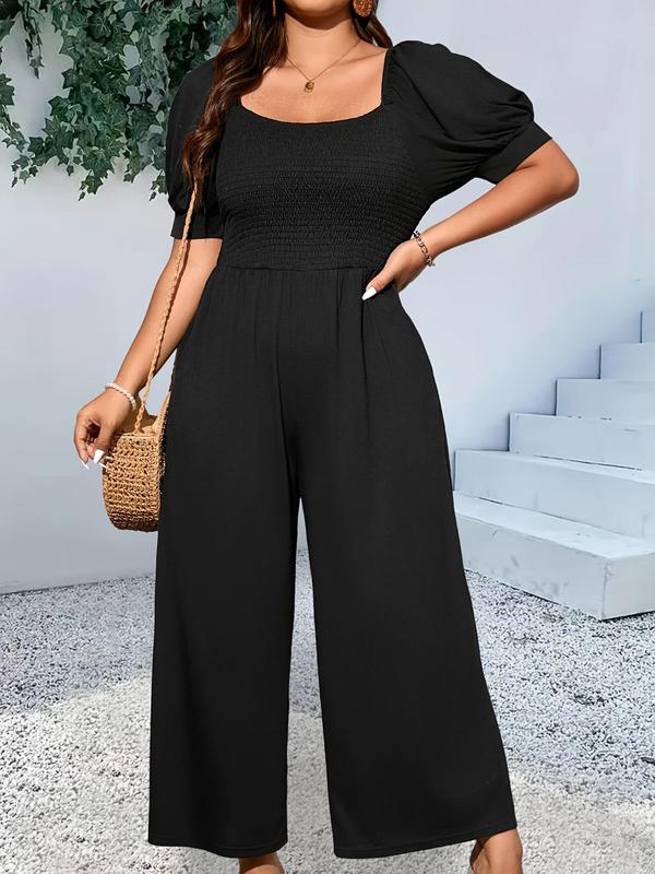 Plus Size Plain Shirred Pocket Wide Leg Jumpsuit, Casual Comfort Elegant Square Neck Puff Sleeve Jumpsuit, Back To School Clothes, Jumpsuit for Women, Women's Summer Clothes for Daily Womenswear