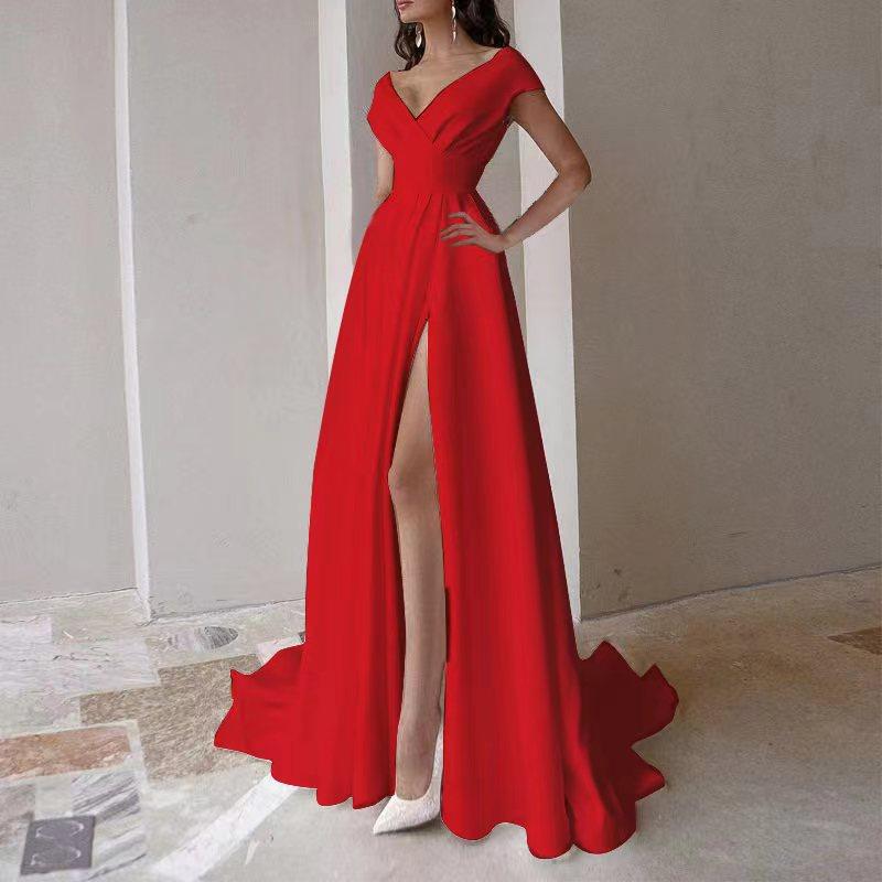 Chest-Wrapped Ruffled Red and Black White Medium Waist Solid Color Temperament Commute Maxi Dress Evening Dress