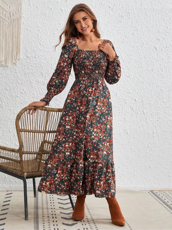 Women's Ditsy Floral Print Frill Trim Shirred A Line Dress, Elegant Bishop Sleeve Square Neck Long Dress for Fall, Fall Outfits, Birthday Dresses 2024, Women's Clothing for Daily Wear