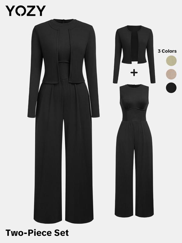 YOZY Christmas Deals, Women's Solid Long Sleeve Open Front Top & Round Neck Tank Jumpsuit Two-piece Set, Casual Fashion Ribbed Outfits for Daily Outdoor Wear, Christmas 2024 Trend, Fall & Winter Outfits