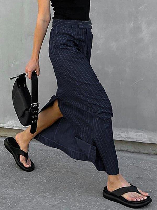 Women's Striped Print Pocket Split Hem Skirt, Casual Fashion Long Skirt for Daily Wear, Ladies Bottoms for All Seasons