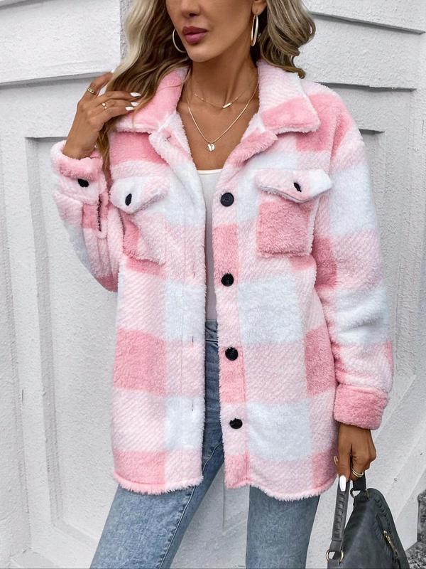 Women's Plaid Print Button Front Drop Shoulder Fuzzy Coat, Casual Long Sleeve Collared Flap Pocket Outerwear for Fall & Winter, Ladies Clothes for Daily Wear