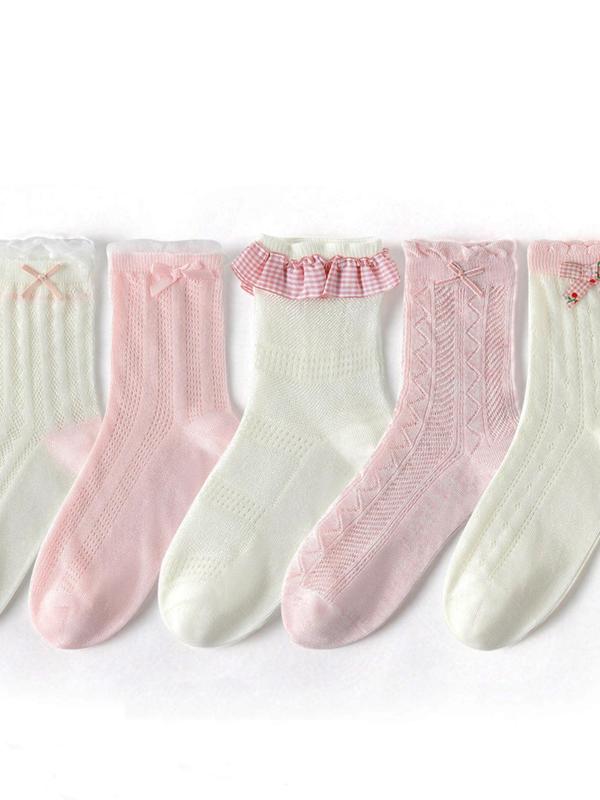 Women's Bow Decor Ruffe Trim Crew Socks, Casual Soft Comfy Breathable Socks for Daily Wear, Ladies Socks for All Seasons