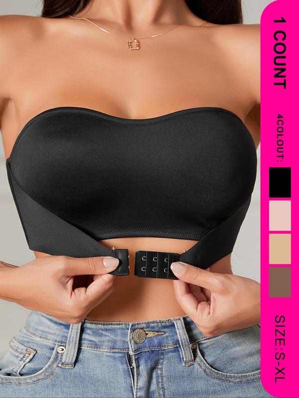 Women's Solid Wireless Push Up Bandeau Bra, Comfortable Adjustable Hook & Eye Closure Front Strapless Lingerie Top, Women's Lingerie for All Seasons