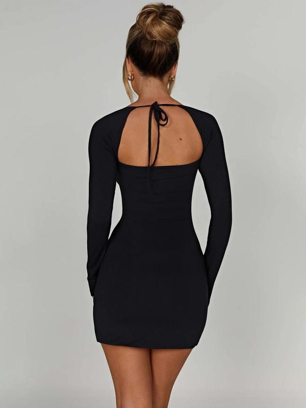 Women's Solid Backless Split Hem Bodycon Dress, Sexy Fashion Long Sleeve Square Neck Short Dress for Party Club Dating Wear, Women Dress for Fall & Winter