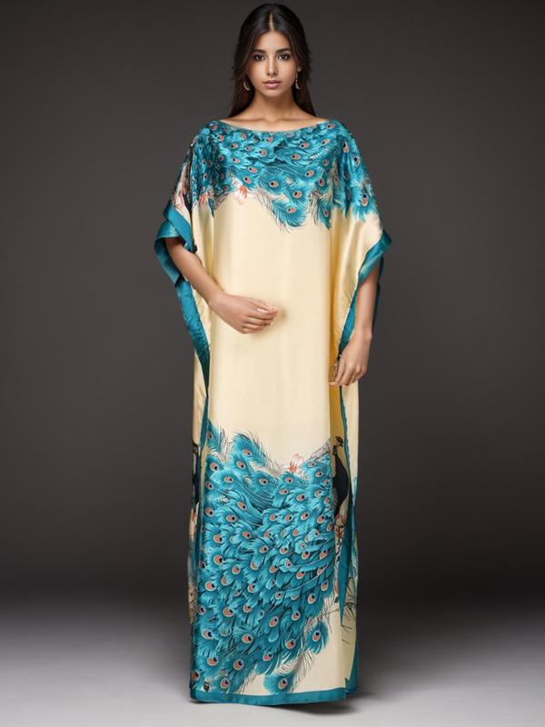 Women's Peacock Print Batwing Sleeve Kaftan Dress & Hijab Two-Piece Set, Elegant Boat Neck Split Long Dress & Headscarf for Daily Wear, Ladies Clothes for All Seasons