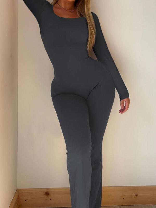 Women's Plain Cut Out Backless Ruched Jumpsuit, Casual Long Sleeve Scoop Neck Jumpsuit for Yoga Gym Workout, Ladies Clothes for All Seasons